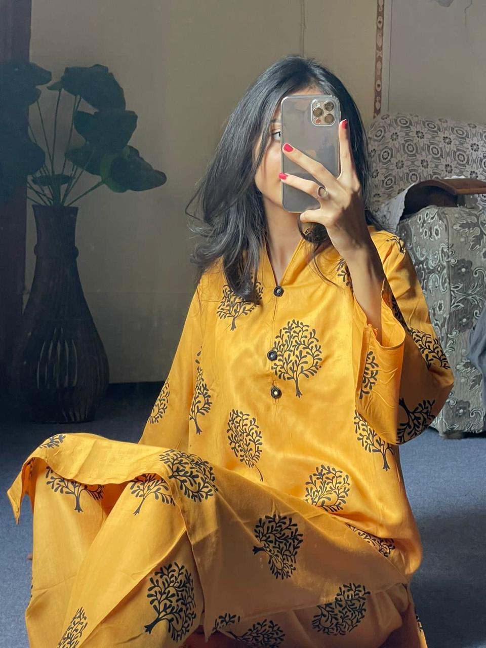 2 Pc Tree Design Beautiful Printed Shirt + Trouser (Orange Peel)