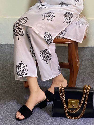 2 Pc Tree Design Beautiful Printed Shirt + Trouser (White)